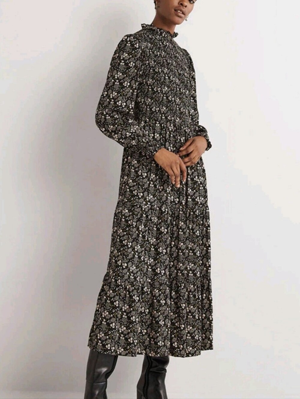 Boden Black Floral Printed Smocked Tiered Midi Dress